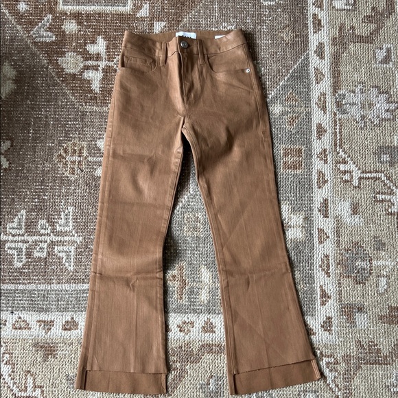 Frame Le Crop Mini Boot Coated Denim Tan Flare Jeans - Picture 1 of 5